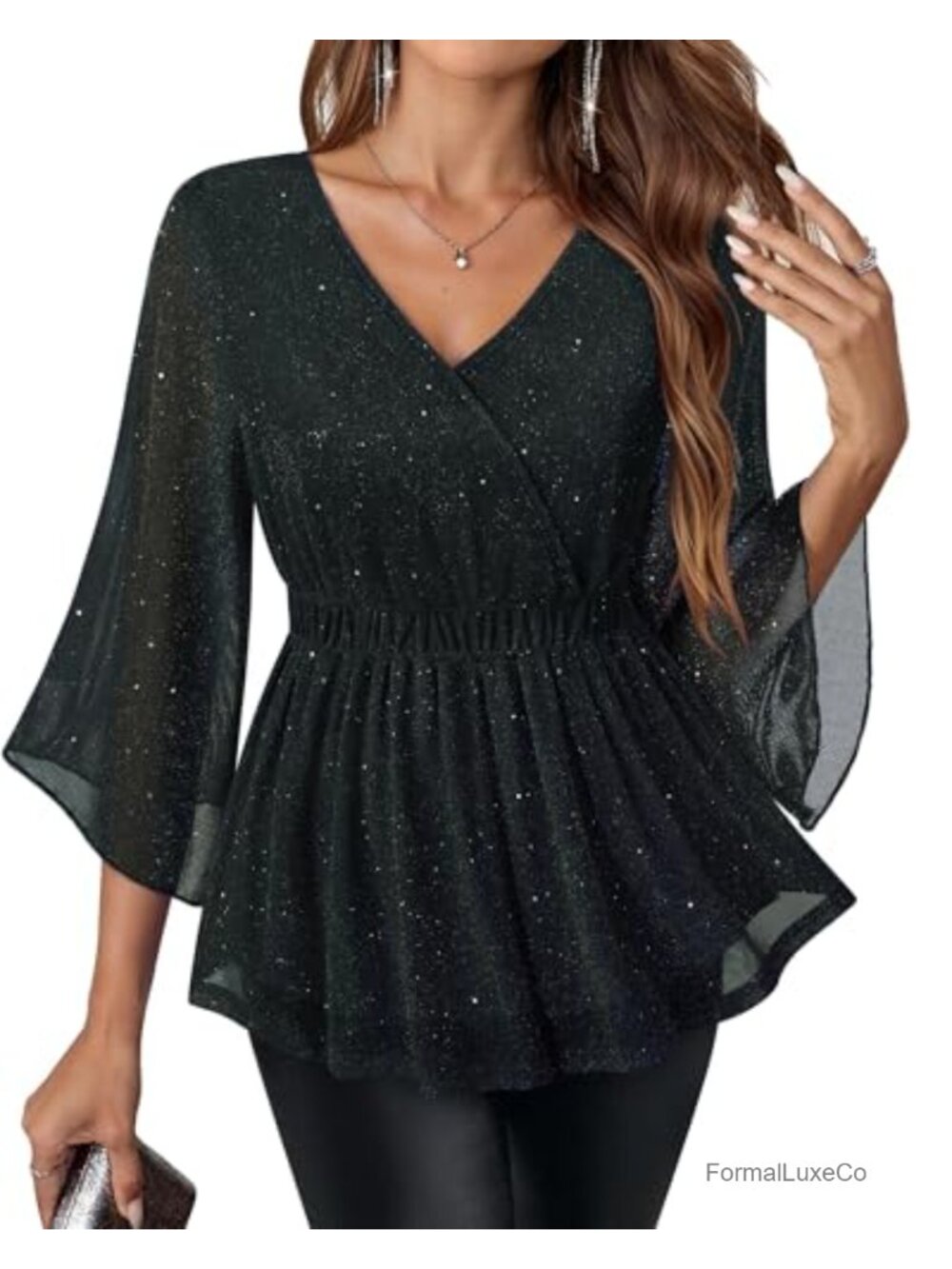 Formal Dressy Tunic Blouse 3/4 Sleeve Mesh Shimmer Top Evening Party